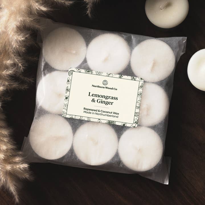9 Lemongrass & Ginger Tea Lights, Rapeseed & Coconut Wax for wholesale by The Northern Wood Co