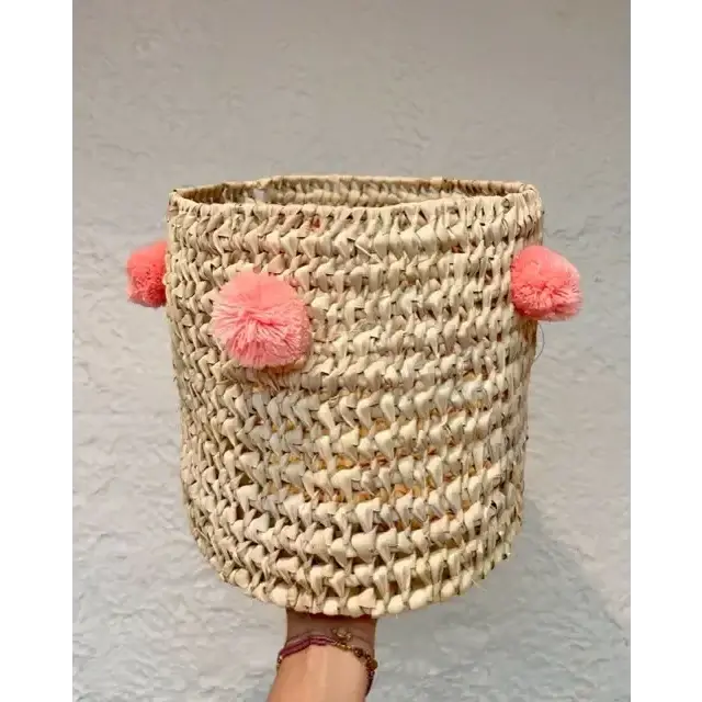 High crafty – wholesale Basket – 🧺 Handwoven Palm Leaf Basket with Colorful Wool Pom Poms15
