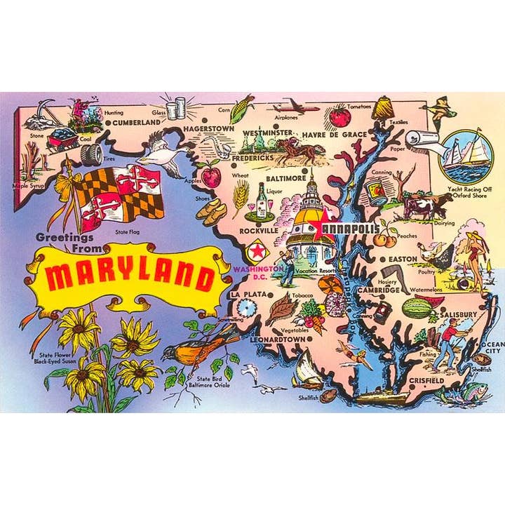 Found Image Press - Wholesale Postcard - Postcard MD-119 Greetings from Maryland, Map