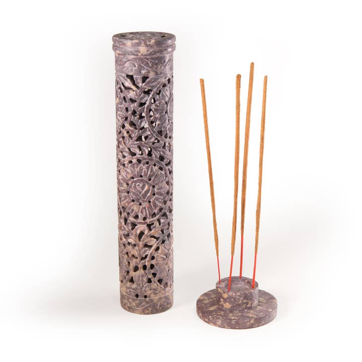 Prabhuji's Gifts - Wholesale Incense Holder - Incense Burner - Soapstone Tower Rose Vine Jali (10.5"x3"x3)