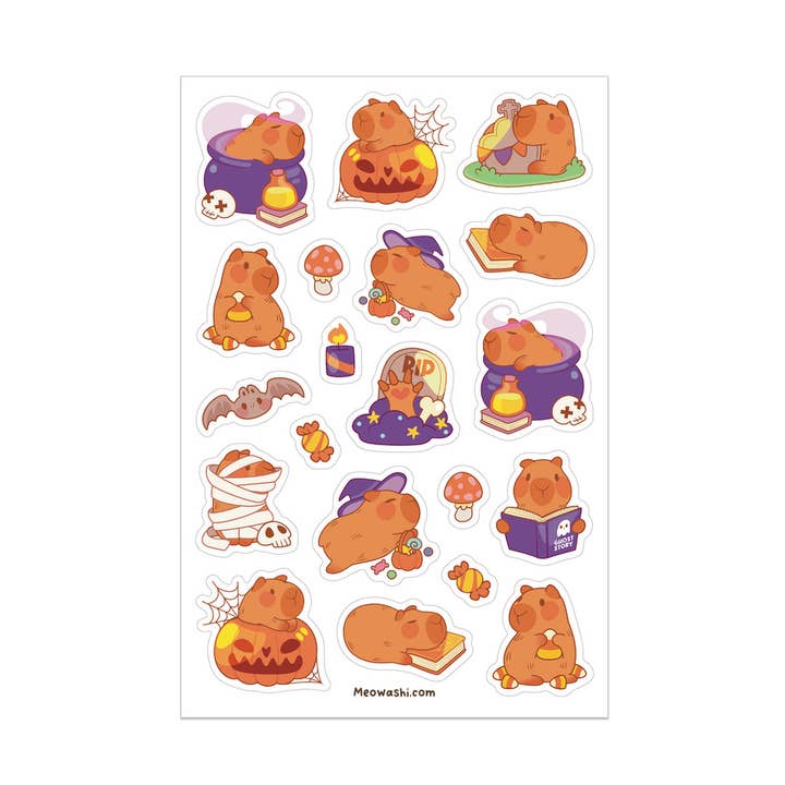 Halloween Capybara Clear Sticker Sheet for wholesale by Meowashi Studio