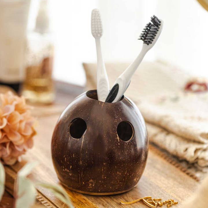 Eco-Friendly Brown Coconut Shell Toothbrush Holder for wholesale by Zwende