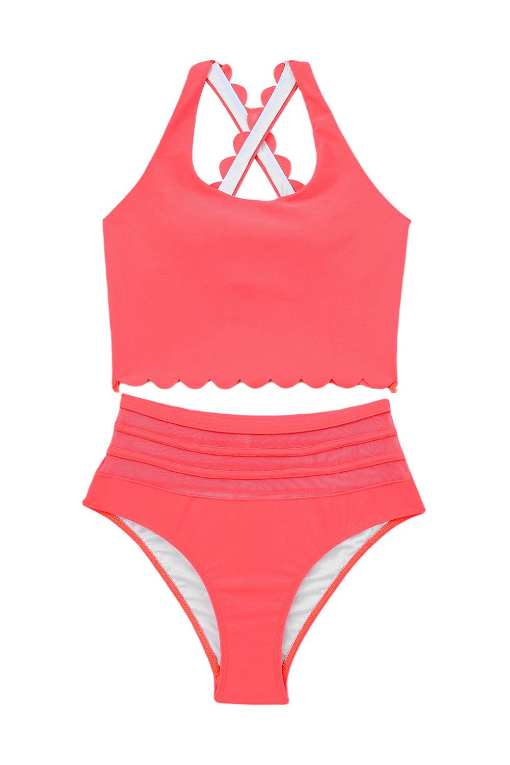 EG fashion - Wholesale Two Piece Swimsuit - Women's - Pink Scalloped Sleeveless High Waisted Two Piece Swimsuit16