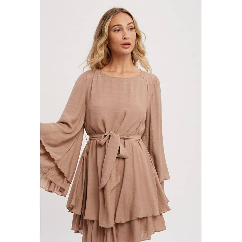 Pink Irene Wholesale - Wholesale Dress - Women's - LONG BELL SEEVE SELF TIE RUFFLE HEM SOLID DRESS4