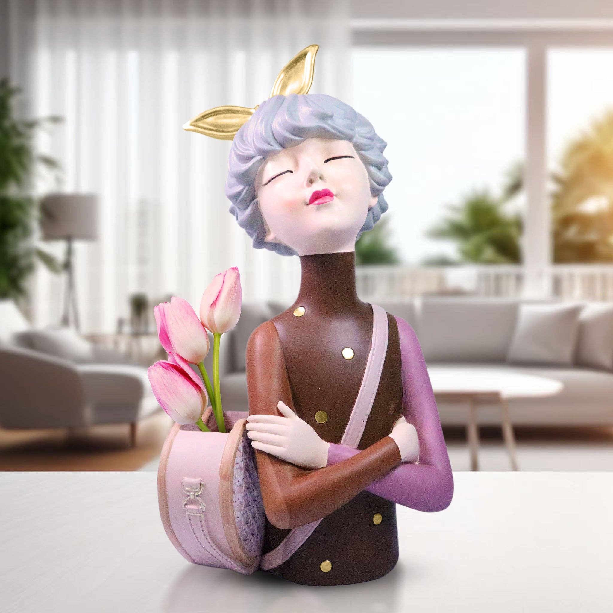 Sona Casa - Wholesale Decorative Figurine - Classy Female Bust Statue Storage and Vase in One, Makeup Organizer, Small Items Storage, Vanity Table Decor, Ladies Gift Brown Polyresin 14 inch 34 cm6