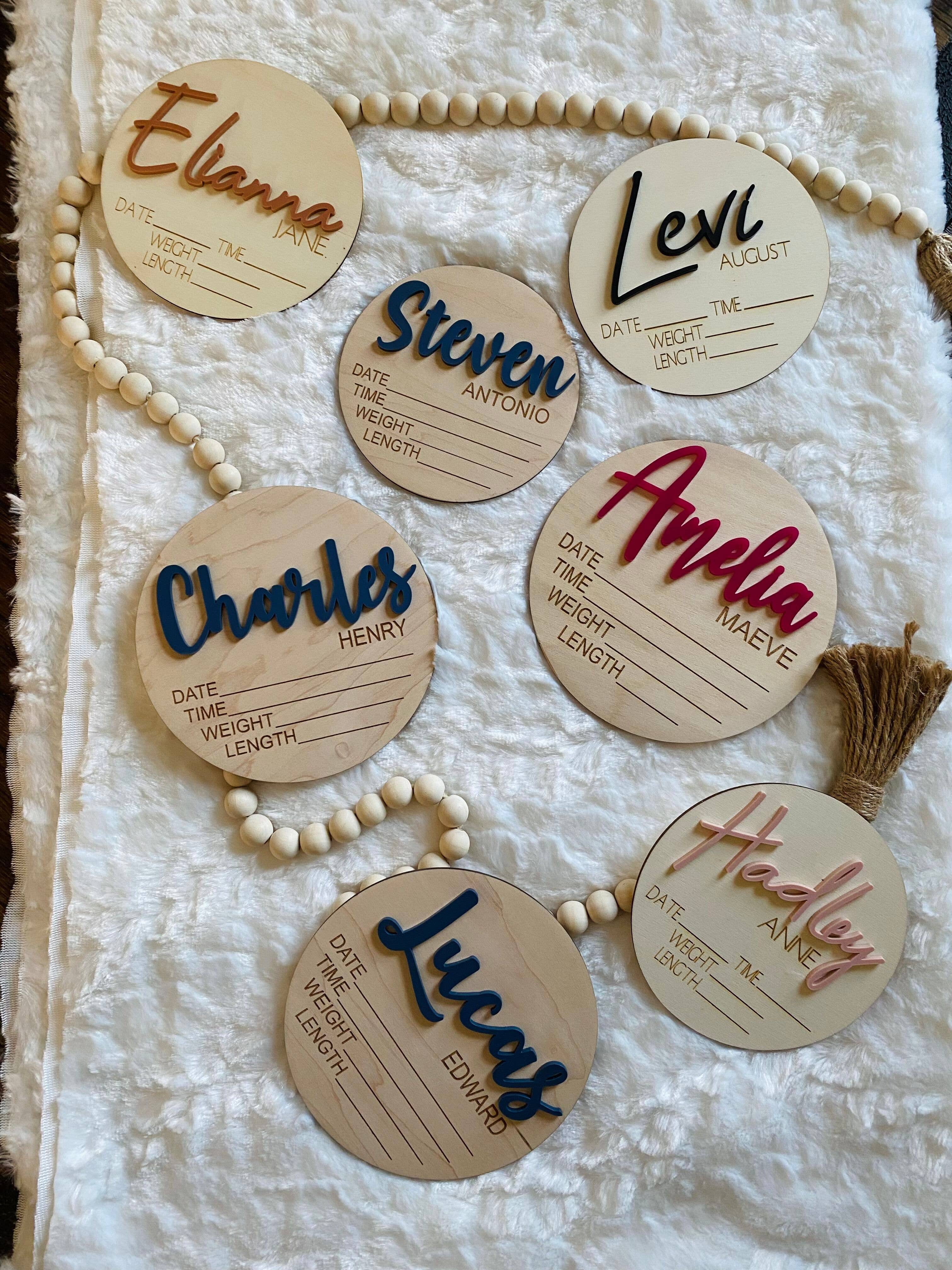 Claire and Bella - Wholesale Milestone Art/Keepsake - Kids & Baby - CUSTOM NAME Birth Stat Announcement Wood Disc - Layered 3D9