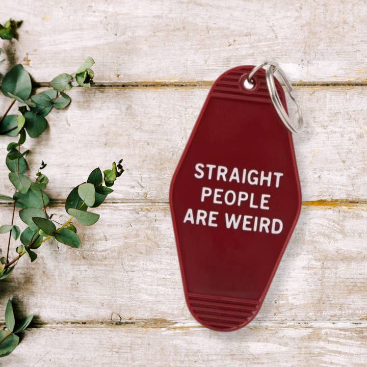 GetBullish - Wholesale Keychain – Unisex - Straight People Are Weird 🌈 LGBTQ Motel Keychain Dark Red2
