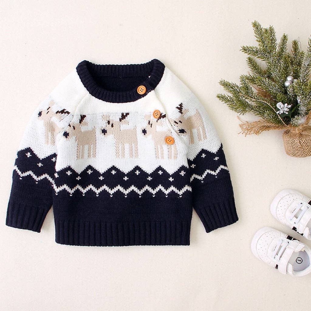 MyKids-USA® - Wholesale Knit Sweater - Baby - Baby Cartoon Christmas Deer Pattern Shoulder Button Design Knitted Pullover Sweater0