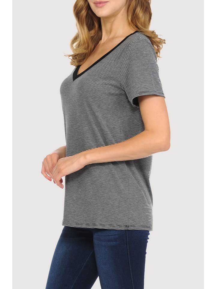 ZAMONG - Vente T-shirt – femme - T-shirt à col en V profond à rayures pour femmes en gros vierge