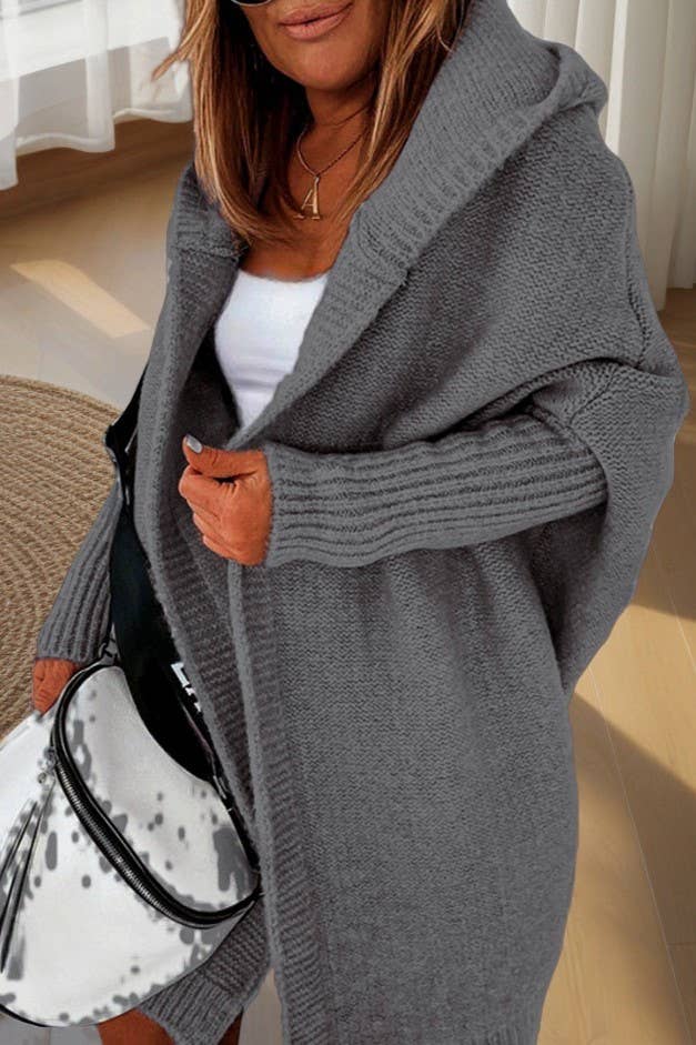 Rosa Clothing - Wholesale Cardigan - Women's - Plain exposed seam Hooded knit long cardigan coat10