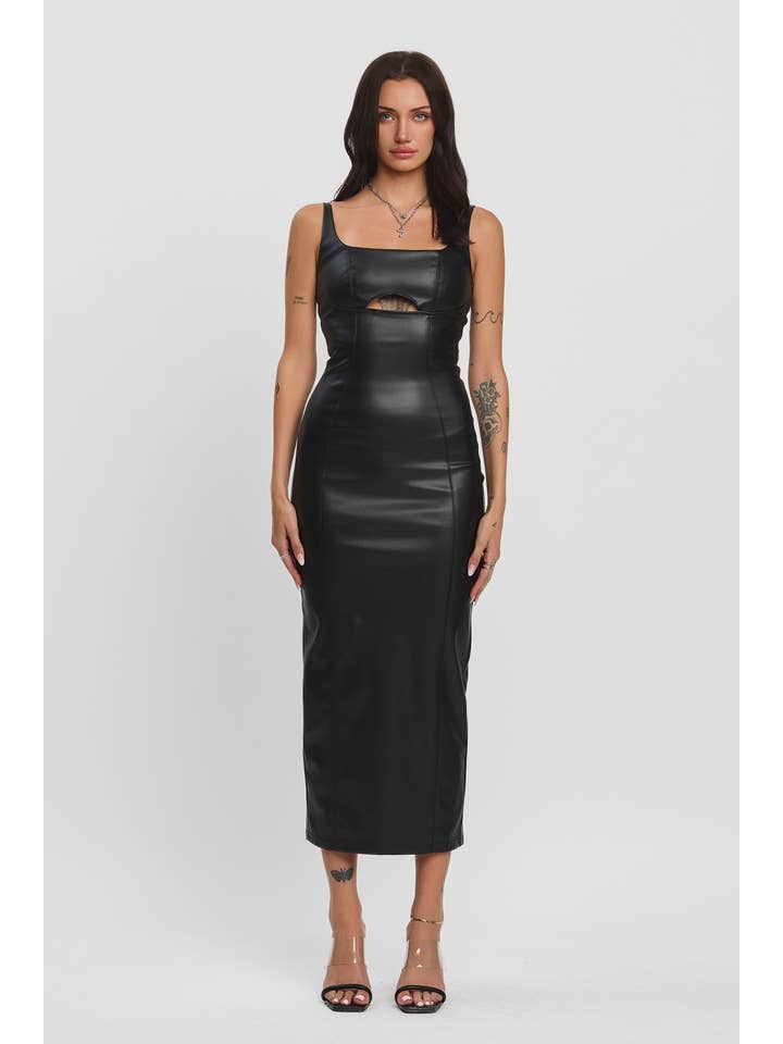 No Vacancy - Wholesale Jurk - Dames - Mouwloze midi-jurk van kunstleer met uitsnijdingen