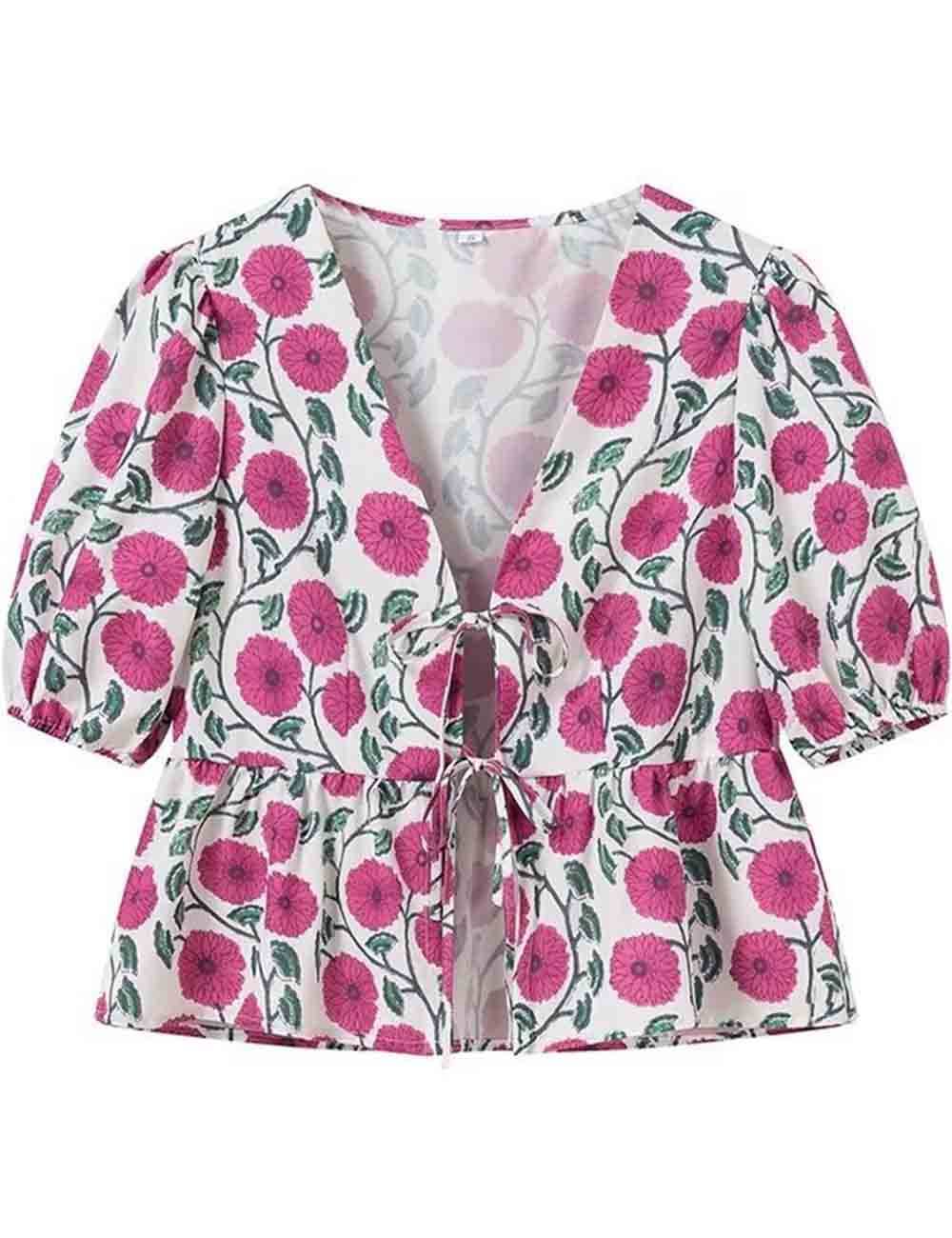 Sweetkama - Wholesale Blouse - Women's - Ladies Floral Print Front Bowknot Short Sleeves Puff Blouse9