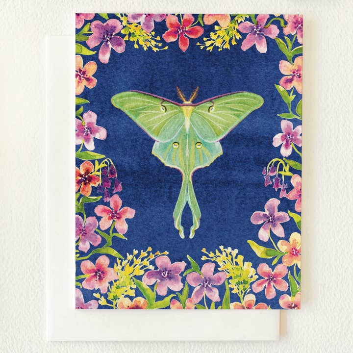 Luna Moth Garden Blank Greeting Card for wholesale by Folk Meadow