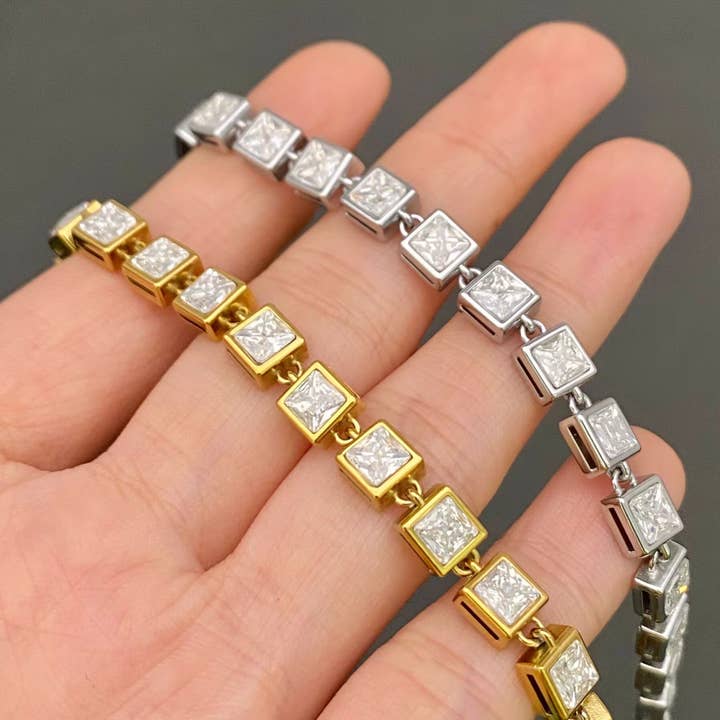 18K Gold Plated S.Steel Square Zircon Linked Bracelet - FGS for wholesale by Mio Queena