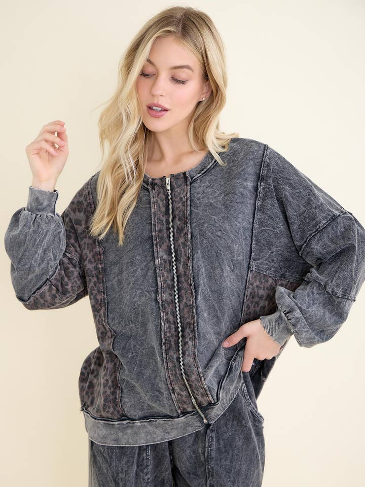 Bomber con zip effetto minerale con stampa ghepardo, giacca autunnale HT6225 per la vendita all'ingrosso da parte di J.Her