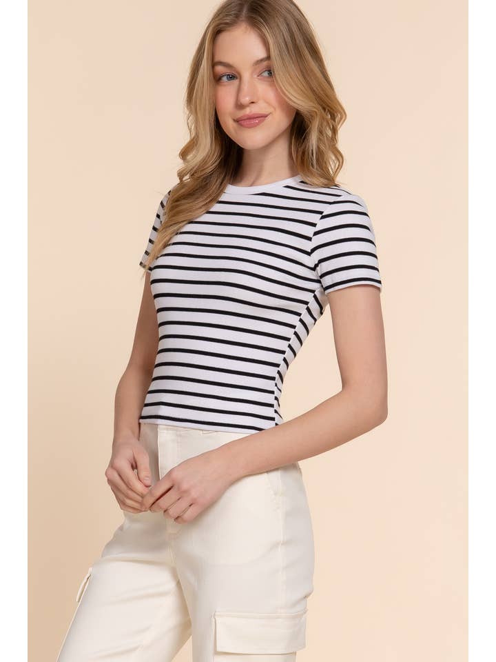 Active Basic | Active USA - Vendita all'ingrosso Top in maglia - Donna - Top a righe in cotone a costine con maniche corte e collo rotondo10