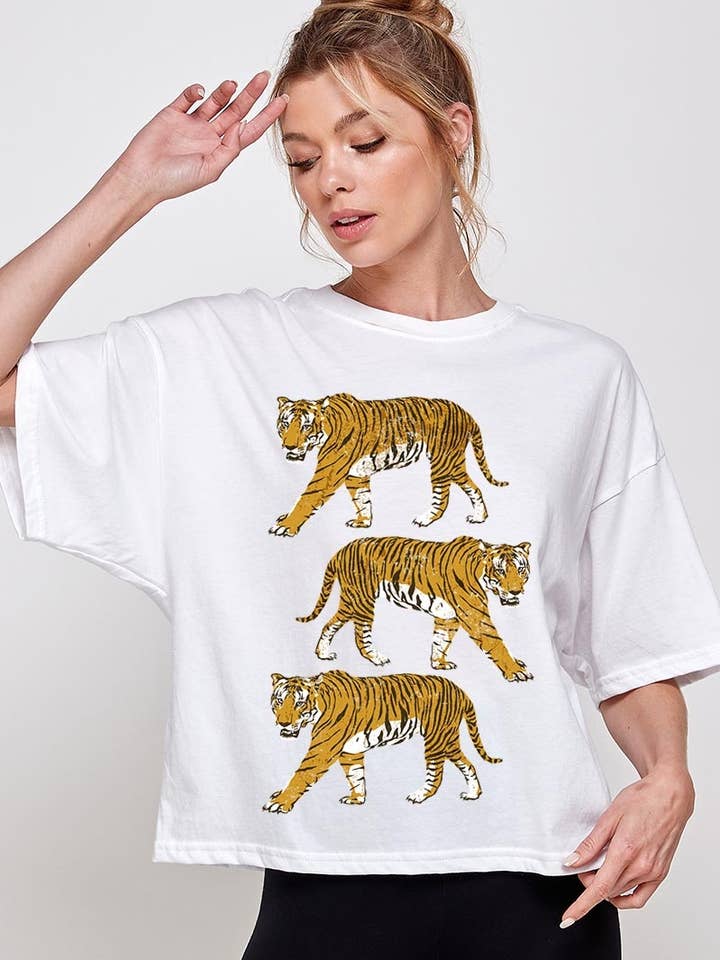 COLORBEAR - Venta al por mayor Camiseta estampada - Mujer - Top corto relajado gráfico de tigres retro0