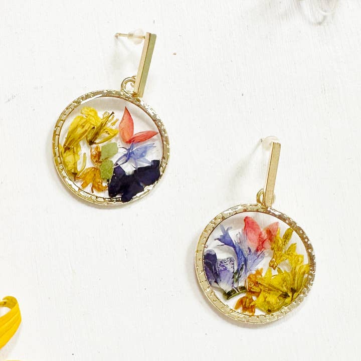 Rainbow Garden earrings with real pressed flowers for wholesale by FloreOrganicBotanics