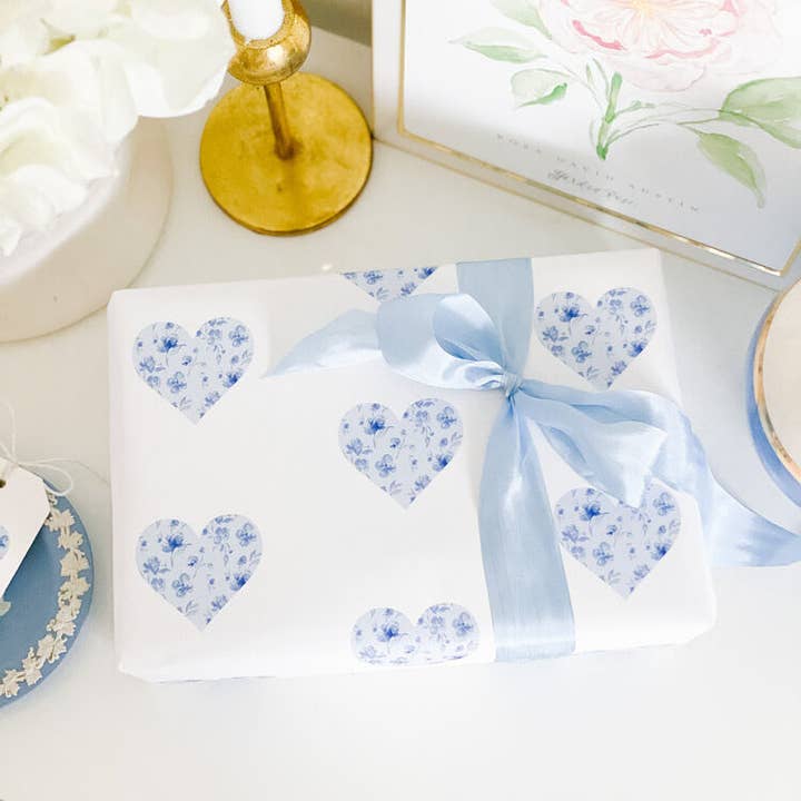 Blue Floral Heart Wrapping Paper 3 Sheets for wholesale by Simply Jessica Marie