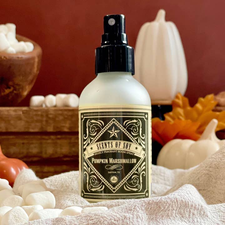 Spray d'ambiance rustique à la citrouille et à la guimauve pour la vente par Scents Of Soy Candle Company