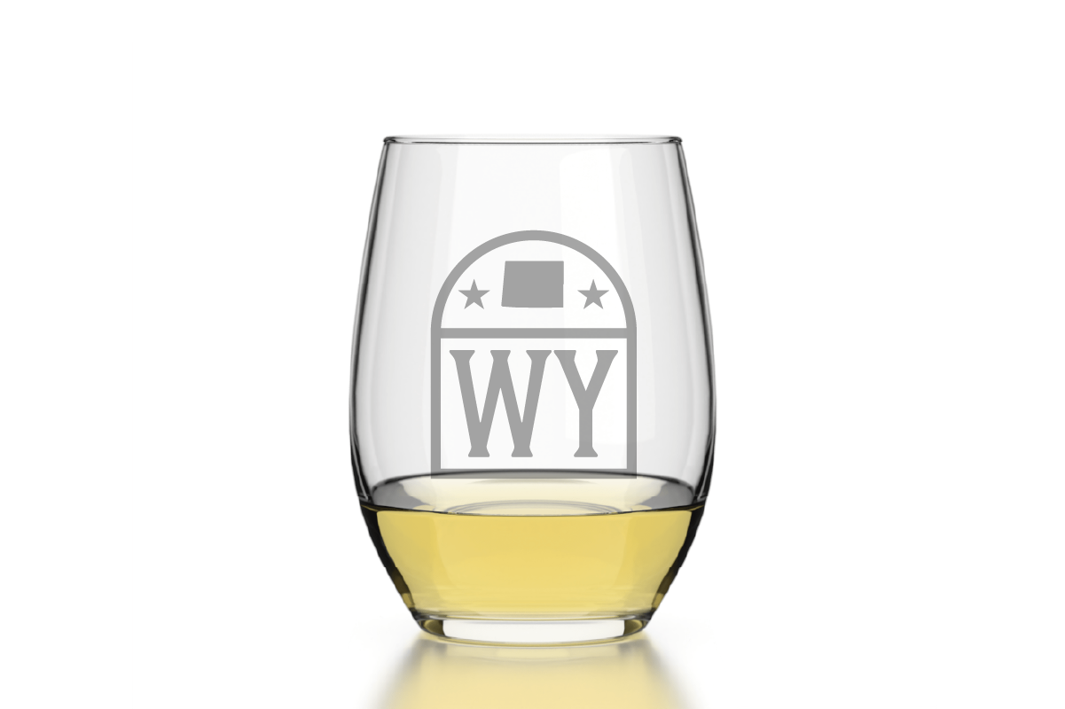 Well Told - Wholesale Wine Glass - Wyoming - State Emblem - Etched Stemless Wine Glass - 16 oz1