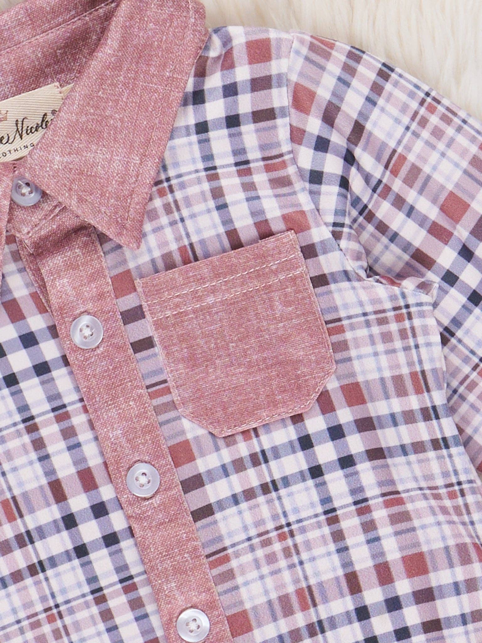 Marie Nicole Clothing - Wholesale Jumpsuit - Baby - Pocket Button Up Plaid Bubble- Tan1