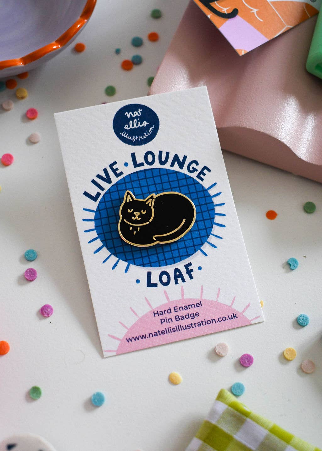 Nat Ellis Illustration - Wholesale Lapel Pin/Button - Live, Lounge, Loaf Cat - Luxury Enamel Pin1