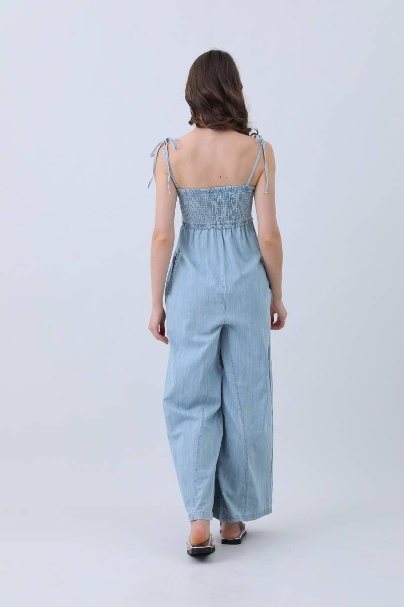Women’s Light Blue Wide-Leg Denim Jumpsuit – Smocked Bodice for wholesale on Faire2