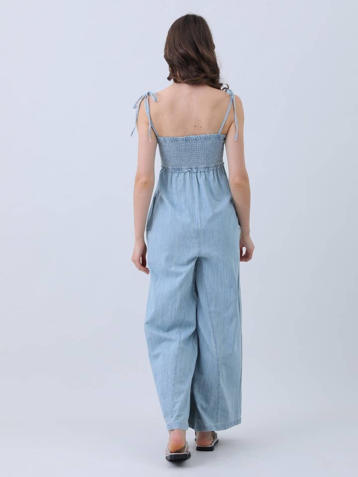 Women’s Light Blue Wide-Leg Denim Jumpsuit – Smocked Bodice for wholesale on Faire2