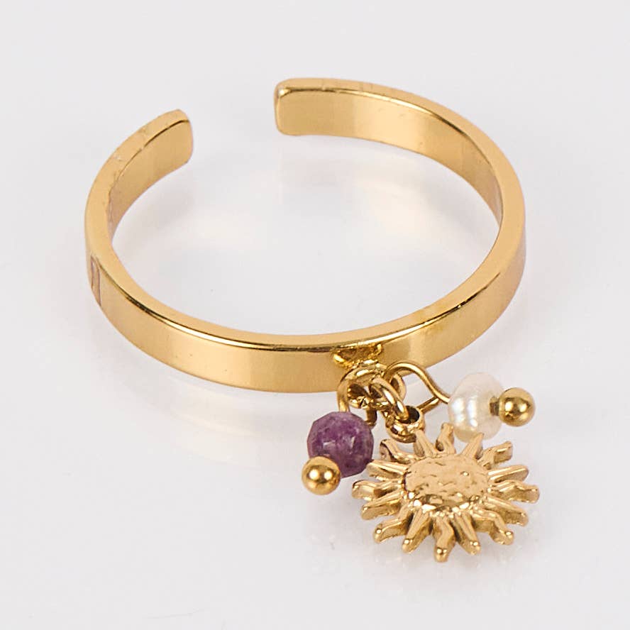 By Sookay - Wholesale Band/Stacked Ring - Sunflower charm ring in stainless steel, soft beads4