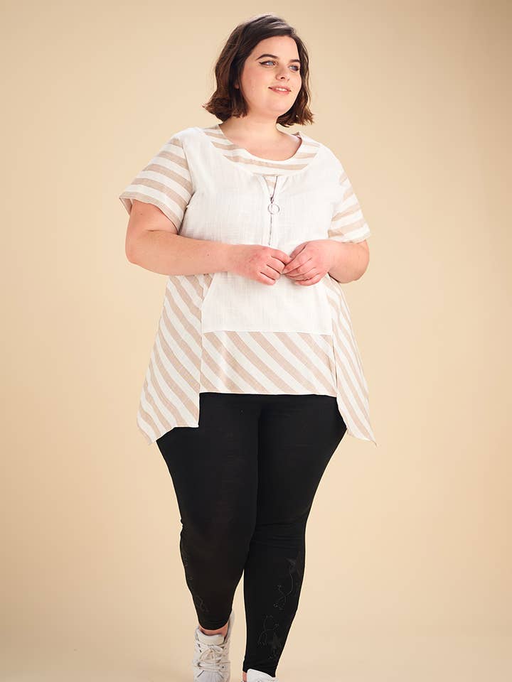 Túnica a rayas beige talla grande (C6226) para venta al por mayor de Pomme Rouge Paris