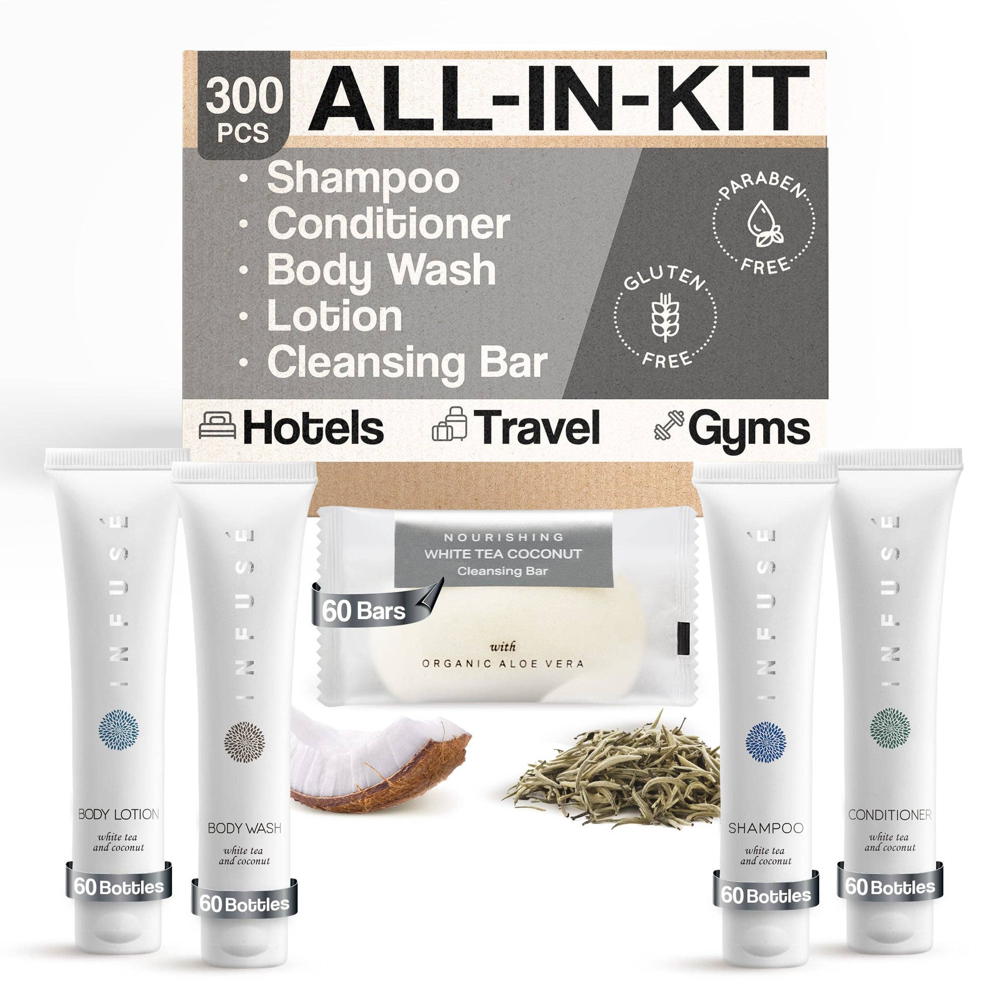 Diversified Hospitality Solutions - Wholesale Bath & Body Set - Infuse Pure White Tea and Coconut Hotel Soaps and Toiletries Bulk Set | 1-Shoppe All-In-Kit for Hotels | 1oz Shampoo & Conditioner, Body Wash, Lotion & 1.25oz Bar Soap | Travel Size 300 Pieces0