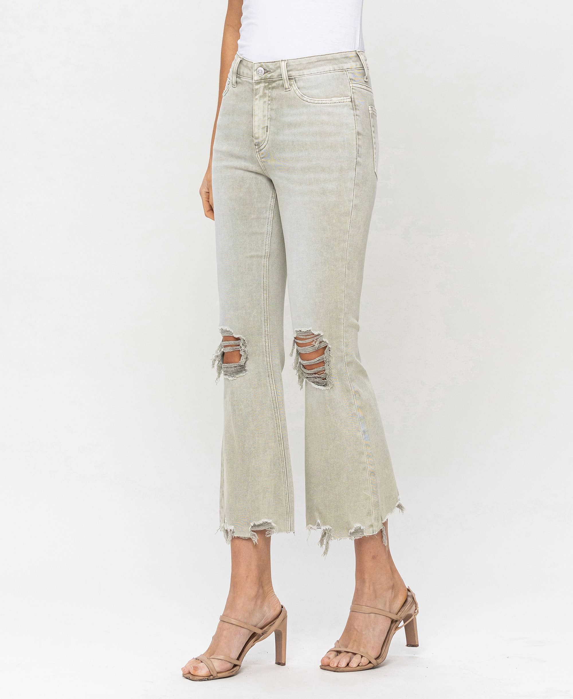 MOSS GREEN HIGH RISE DISTRESSED CROP FLARE JEANS T5773MG for wholesale on Faire6