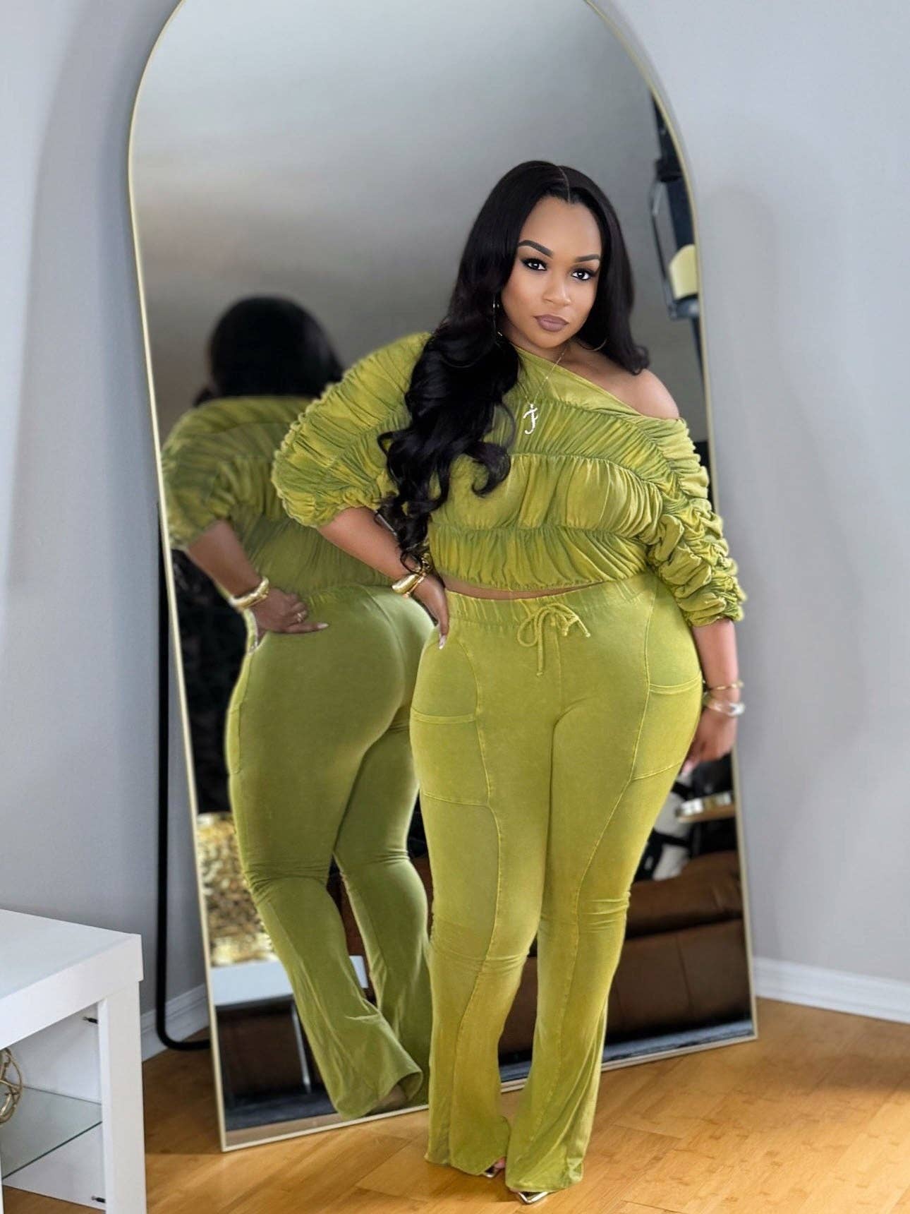 MB Fashion Wholesale - Wholesale Top & Pant Set (NOT Loungewear) - Women's - MB FASHION Ruched Off-Shoulder Top & High-Waist Flared Pants Set 953213