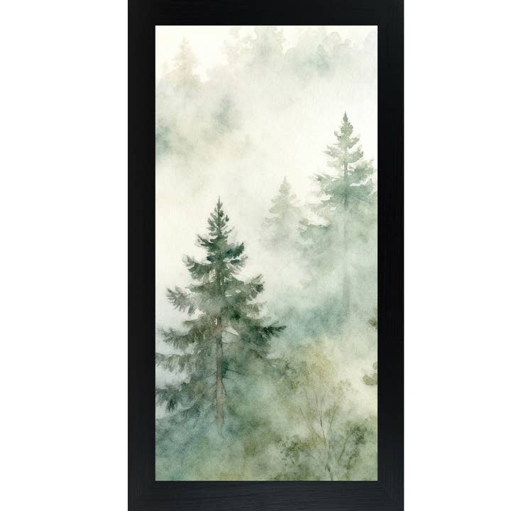 Forêt de pins brumeuse et verdoyante Art encadré vertical 1 pour la vente par Summer Snow Art