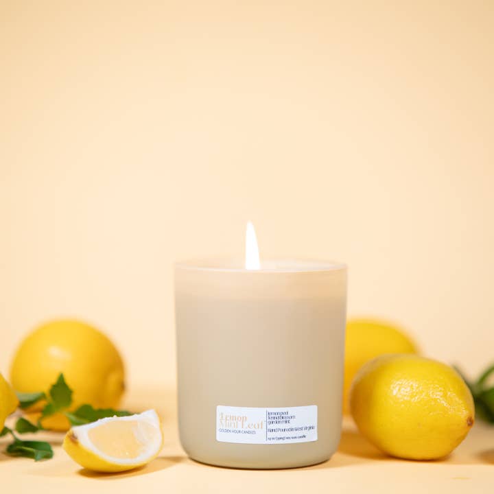 Lemon Mint Leaf 14 oz Soy Wax Candle - Yellow Jar for wholesale by Woods & Spice