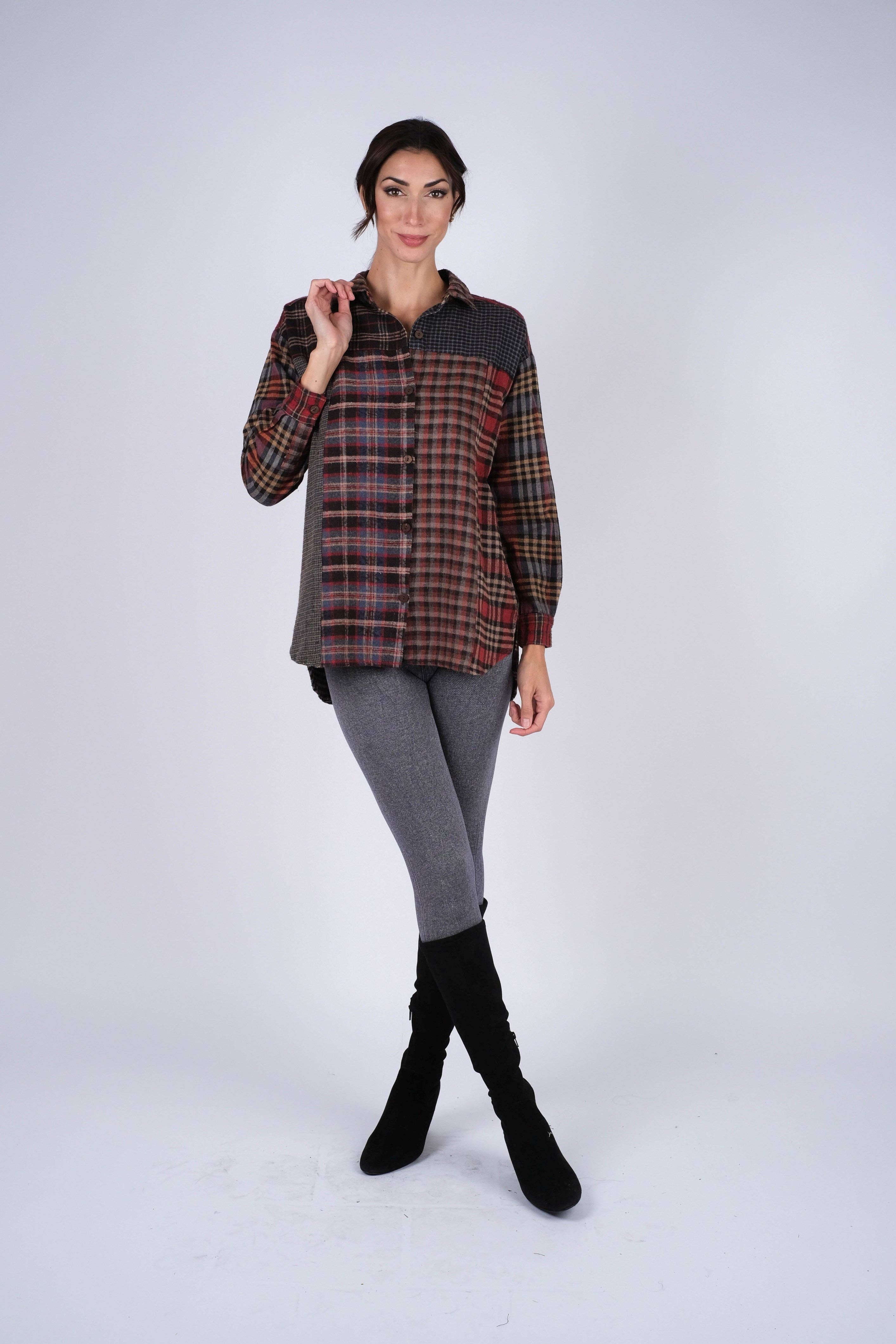 Sacred Threads - Wholesale Button Down Shirt - Women's - Patchwork Plaid Brushed Cotton Button Shirt4