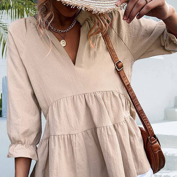 Loose Three-Quarter Sleeves Elasticity Pleated Solid Color Split-Joint V-Neck T-Shirts Tops for wholesale by UZ Wholesale Store