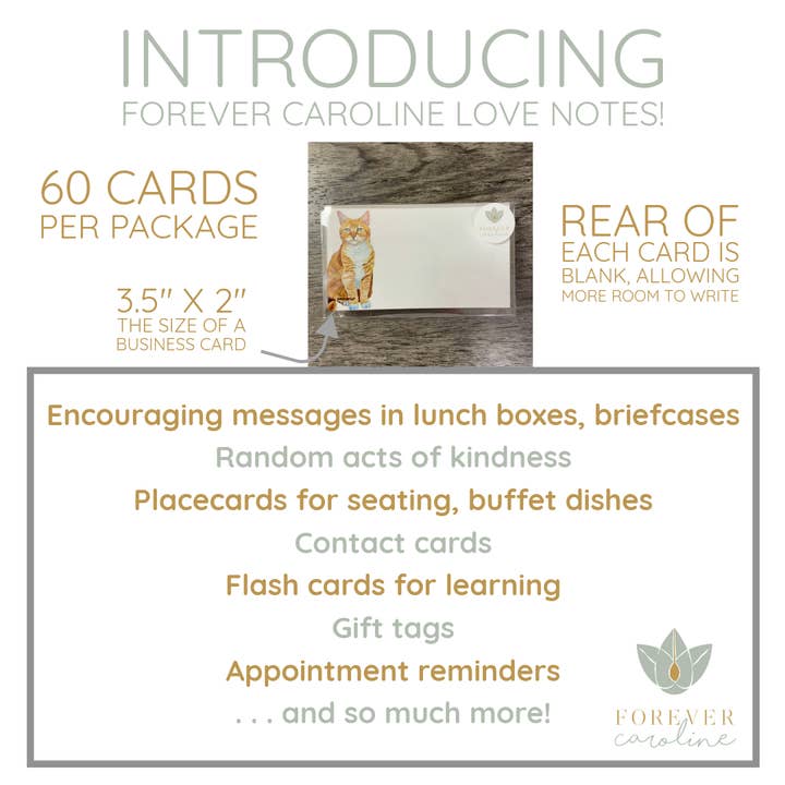 Forever Caroline LLC - Wholesale Stationery/Notecard Set - Orange Cat Tiny Cards | Pack of 60 "Love Notes"2