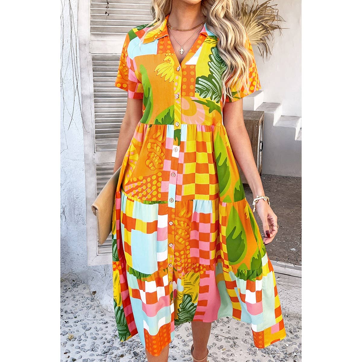 Elings - Wholesale Dress - Women's - Allover Printed Button Down Ruched Long Dress10