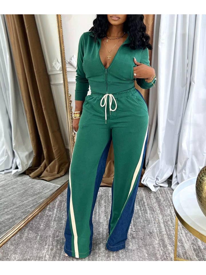 HIDDENBRAND - Wholesale Top & Pant Set (NOT Loungewear) - Women's - Long sleeves zip patchwork crop jacket pants set 2 pcs3