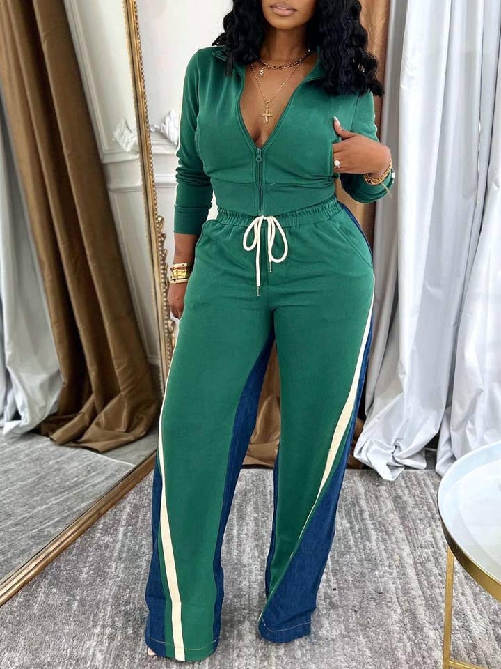 Long sleeves zip patchwork crop jacket pants set 2 pcs for wholesale by HIDDENBRAND