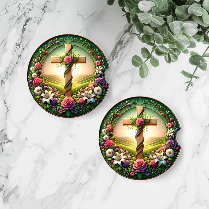 Easter Cross Car Coasters Set of 2 | Christian Floral Neoprene Car Coasters | Religious Spring Auto Accessory | Faith Gift for Women for wholesale by Uniquely Designed By Rebecca