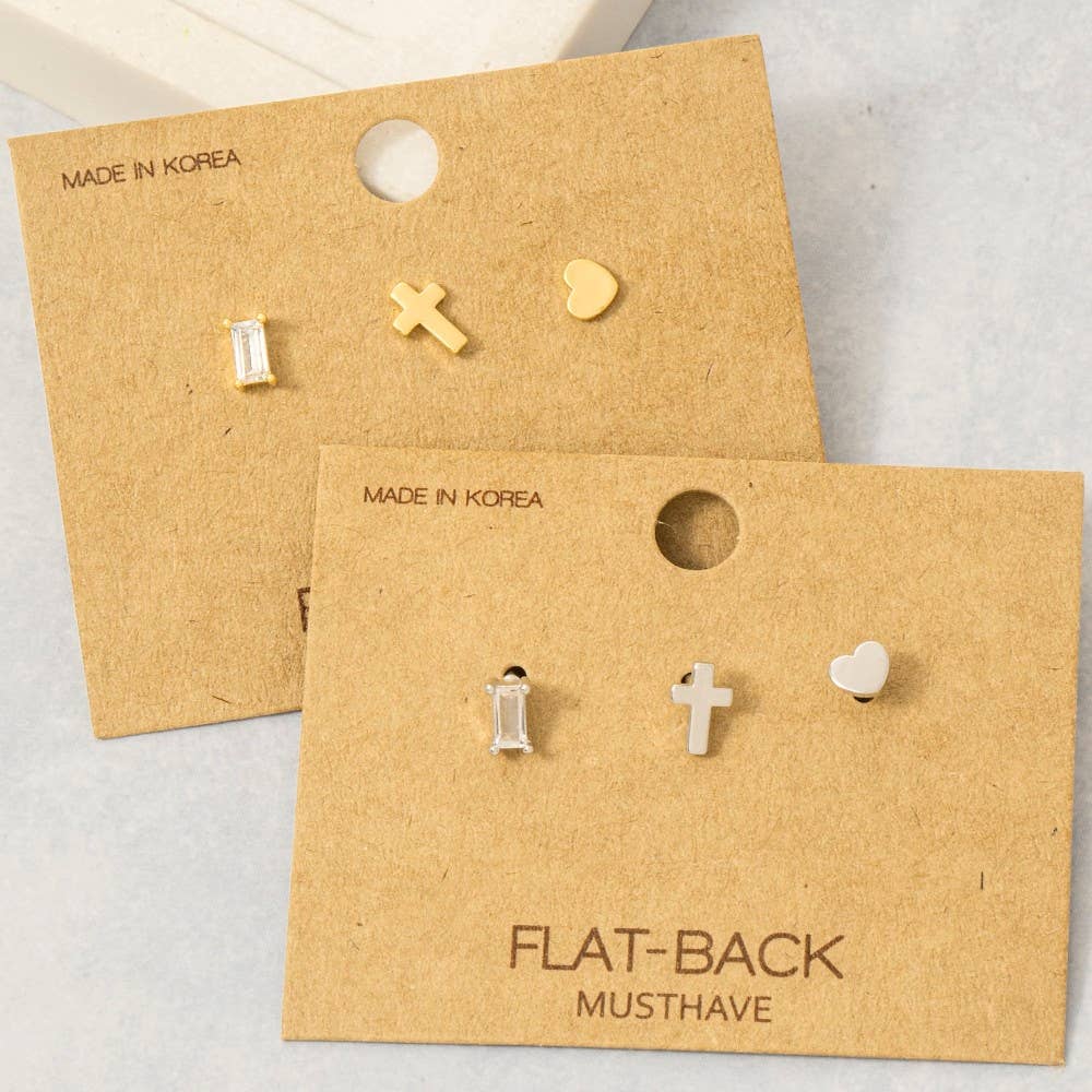 Fame Accessories - Wholesale Stud/Post Earrings - Gold Dipped Cz Heart And Cross 3Pc Flat Back Stud Earrings Set0