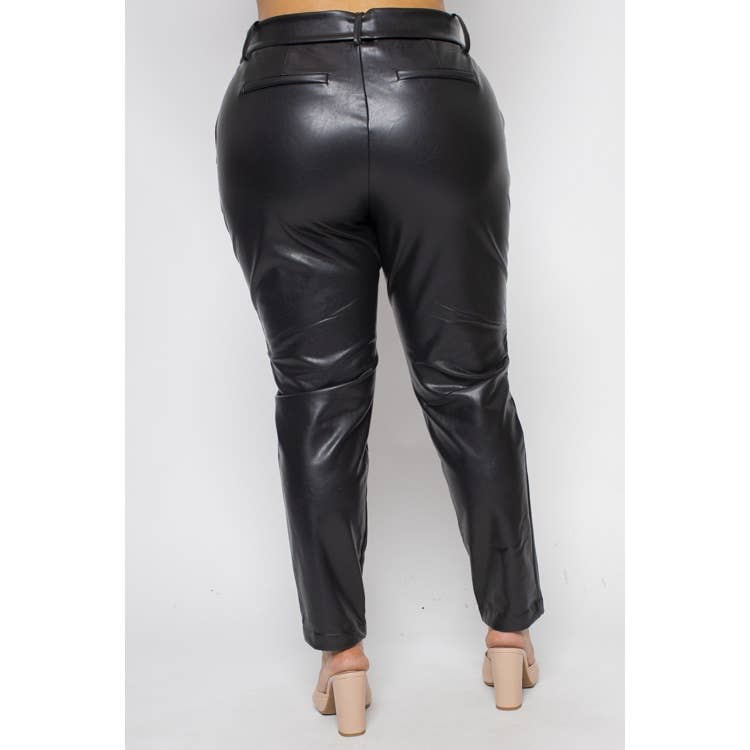 Black PLUS SIZE PU LEATHER HIGH WAIST BELTED TROUSERS for wholesale on Faire1