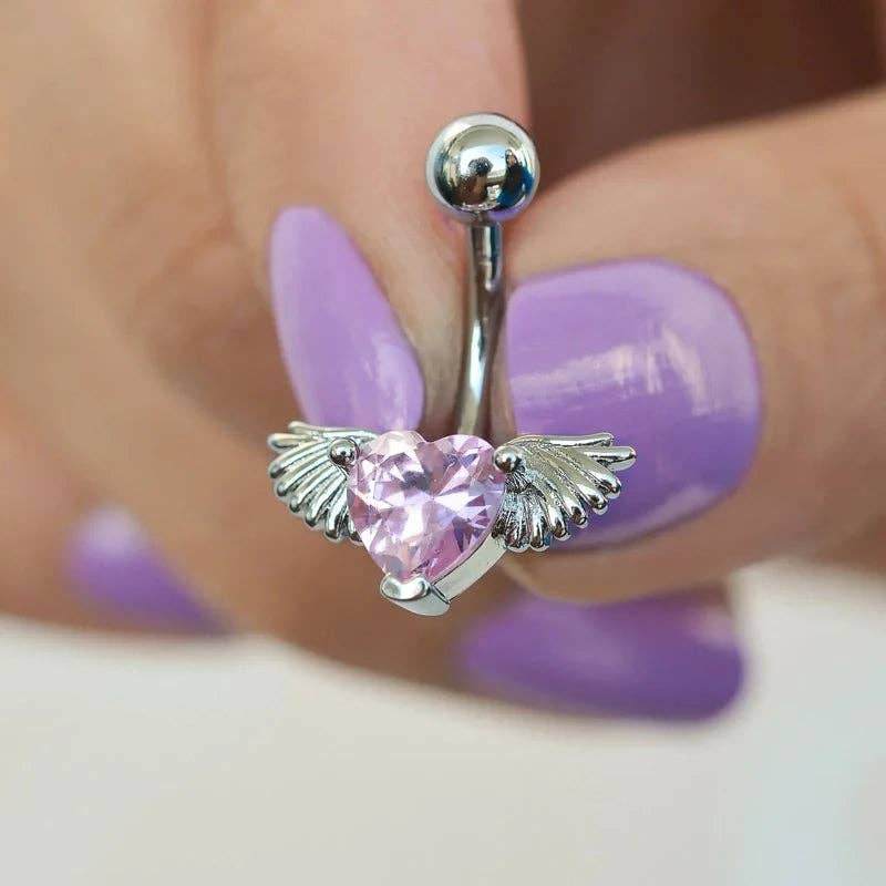 StockJWL - Wholesale Belly Ring - Pink Heart Angel Wing Belly Button Ring, Navel Piercing, Belly Button Piercing, Belly Ring, Curved Barbell, Belly Piercing, Belly Bar1