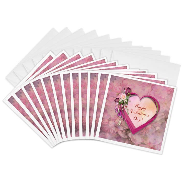 3dRose, Pretty Ribbon Heart, Flowers, Happy Valentines Day, Flower Background, Greeting Card for wholesale by 3dRose