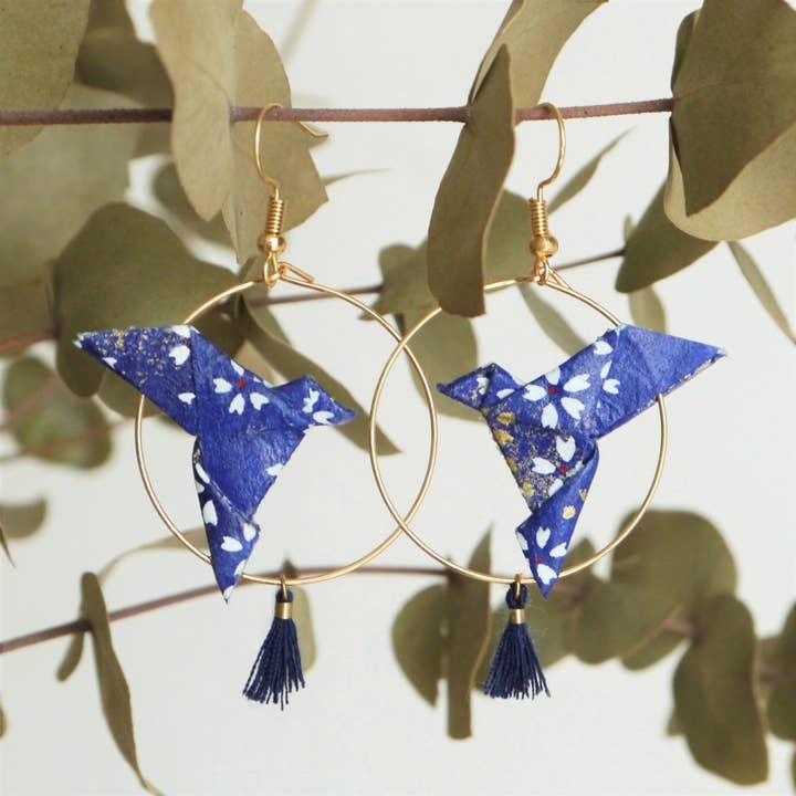 Dix janvier - Wholesale Dangle Earrings - Origami hoop earrings - Doves and tassels - Navy blue