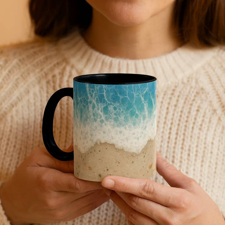 Upside Down Owl Farm - Wholesale Coffee Mug - Ocean Wave Coffee Mug, Beach Ceramic Cup with Seafoam & Sand1