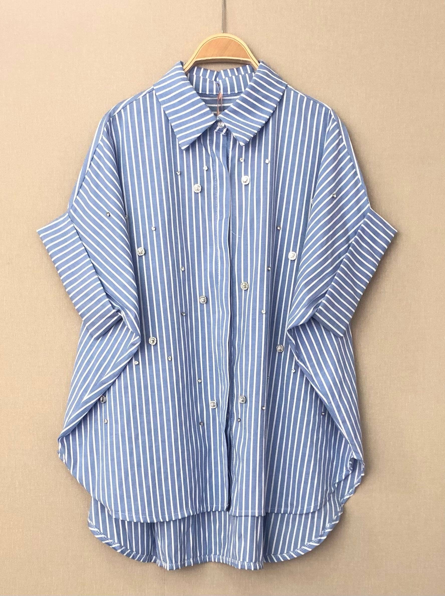 SWEET MAGIC MODA Y COMPLEMENTOS – Camisa com botões no colarinho – Mulher por atacado – Camisa listrada de algodão, pacote com 2 unidades2